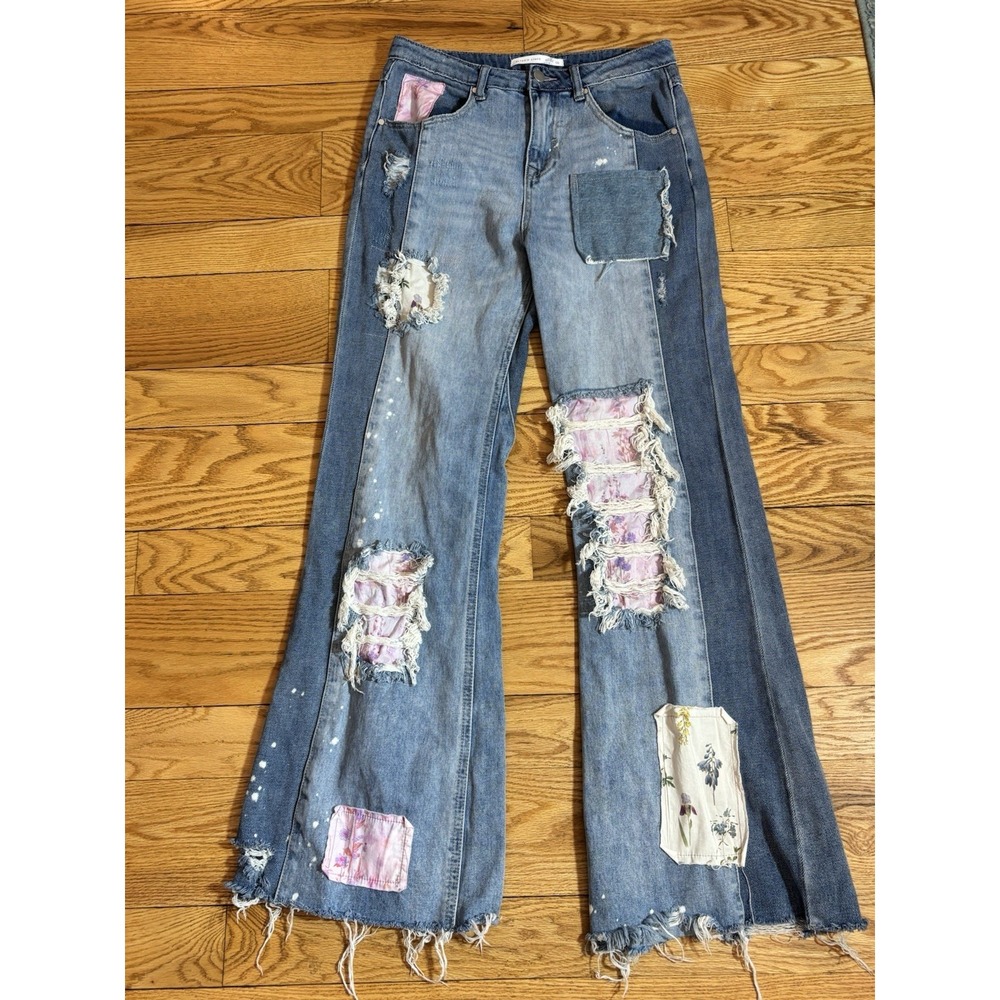 Altar'd State Jeans High-rise Patchwork Flare Sz 29 Boho Floral Raw Hem 31" Inse
